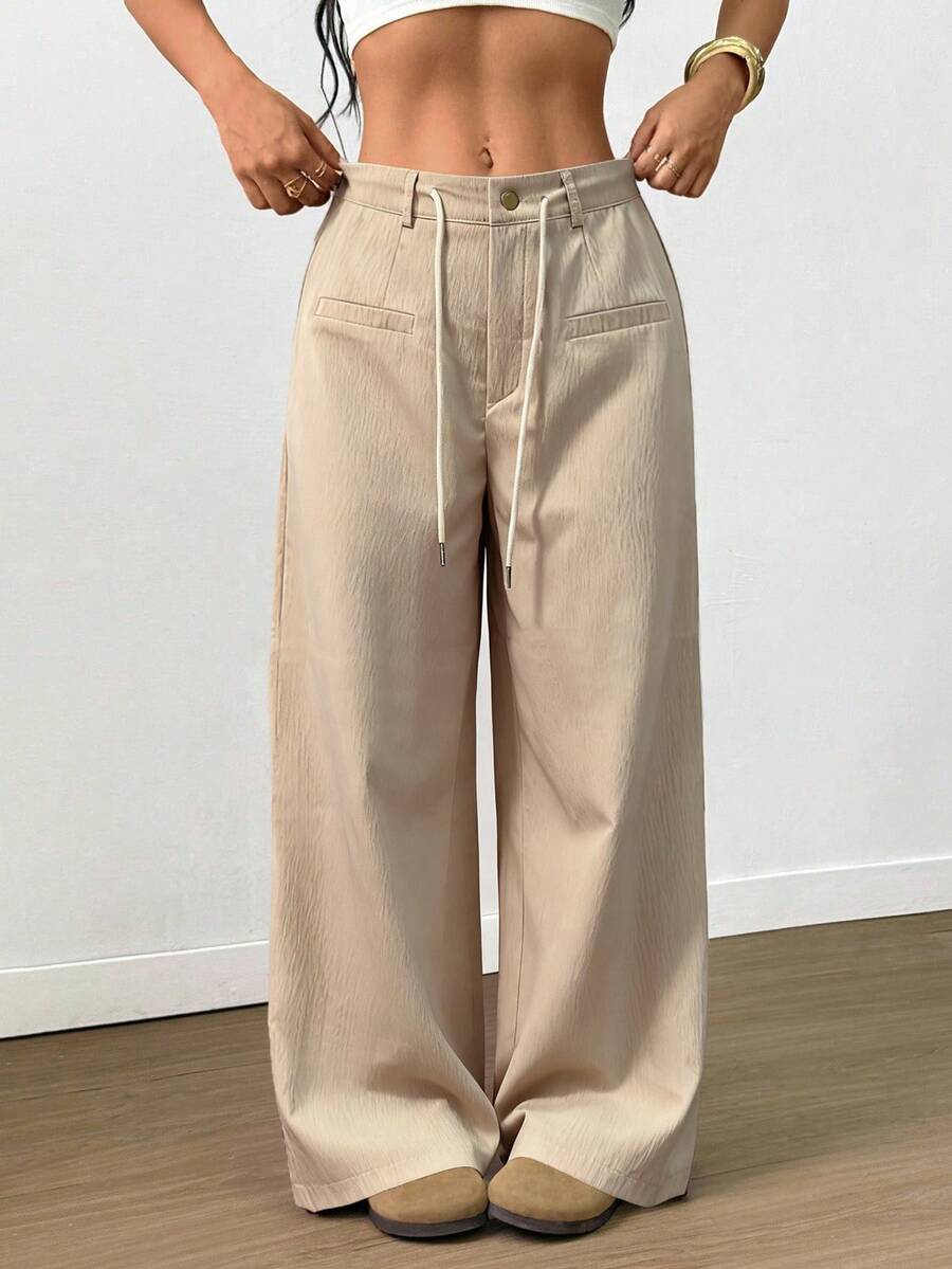 SHEIN Elenzya Women's Solid Color Crepe Drawstring Faux Pocket Casual Pants, Spring/Autumn - Apricot - View 1