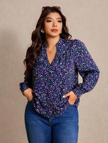 Elaquor Blusa informal con escote entallado y estampado floral pequeño, otoño 70 - Multicolor - Ver 3