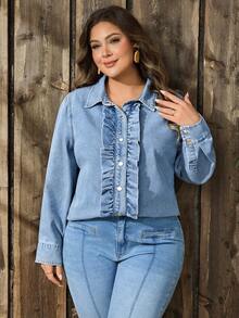 EMERY ROSE Plus Size Women Street Casual Comfortable Mid-Blue Non-Stretch Ruffle Trim Denim Blouse - Medium Wash - View 1