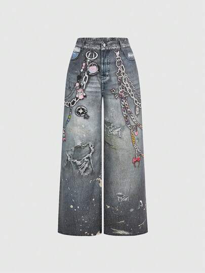 Grunge Punk Jeans in Große Größen für Frauen im Grunge-Punk Y2K Soft Girl Retro Lässig Stil mit Motorrad-Ketten-Dekor-Muster
