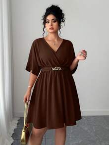 Elenzga 优雅V领收腰短款红色晚礼服，休闲简约风格，适合夏季 - 咖啡棕 - 查看 5