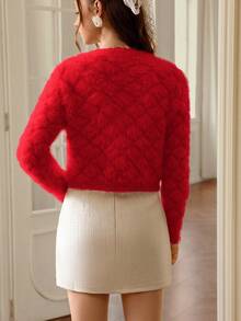 Chiquease Cárdigan elegante de mujer con cuello en V, estampado de diamantes y tachuelas, de imitación de visón - Rojo - Ver 2