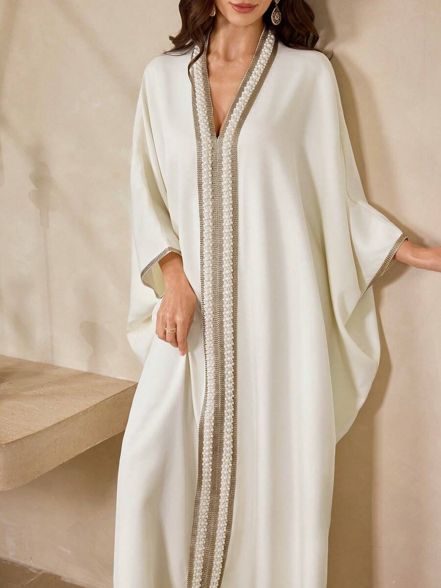 Al Najma Women's V-Neck Faux Pearl Decor Casual Loose Vacation Party Arabic Batwing Sleeve Dress Kaftan Jalabiya Dress - Apricot - View 1
