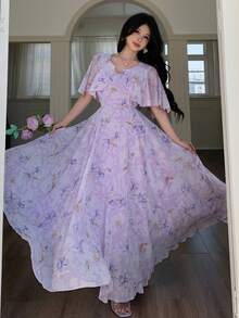 Modelyn 女士V领斗篷式收腰飘逸印花雪纺连衣裙 - 紫色 - 查看 4
