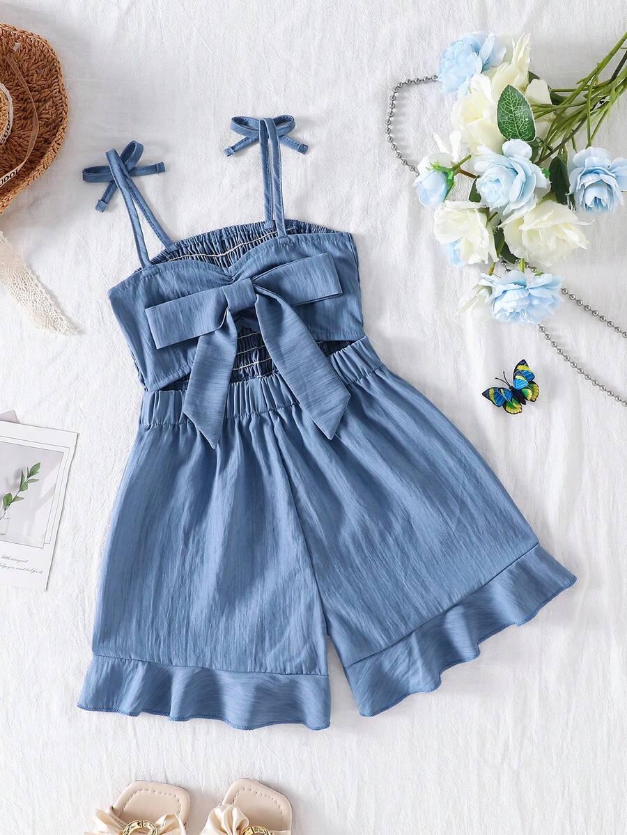 Genkimix Kids Dark Blue Summer Young Girl Romper,Elegant Spaghetti Strap Woven Resort Wear For Family Vacation,Matching Toddler Outfits,Casual Snug Fit Jean Dress - Blue - View 1