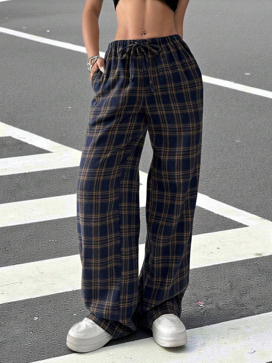 SHEIN EZwear 格纹印花抽绳腰带斜口袋宽松休闲阔腿裤