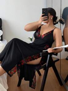 SHEIN Váy xẻ tà cao cổ chữ V ren gợi cảm cỡ lớn - màu đen - Xem 6