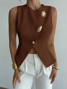 Firerie Blusa blanca elegante, refinada y romántica con botones metálicos en la cintura, corte evasé y sin mangas para uso diario y de oficina - Marrón - Ver 6