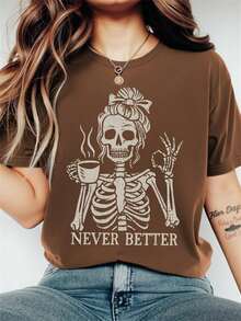 EMERY ROSE Áo thun nữ cổ tròn tay ngắn in chữ Coffee Skull Girl thời trang cỡ lớn - Cà phê nâu - Xem 1