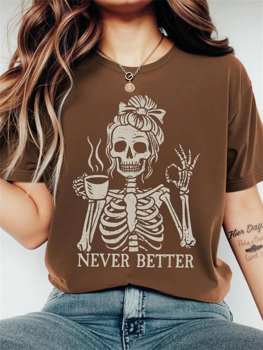 EMERY ROSE Áo thun nữ cổ tròn tay ngắn in chữ Coffee Skull Girl thời trang cỡ lớn - Cà phê nâu - Xem 1