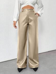 EURMUSE Prive Gold Button Detailed Straight Fit Leather Pants - Beige - View 7