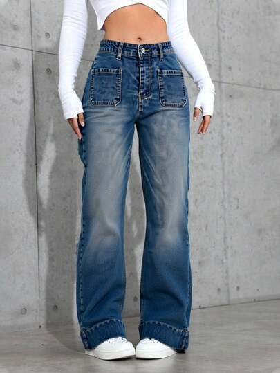 Pantalones Vaqueros Anchos de Mujer de Cintura Alta con Bolsillos Vintage, Estilosos y Versátiles