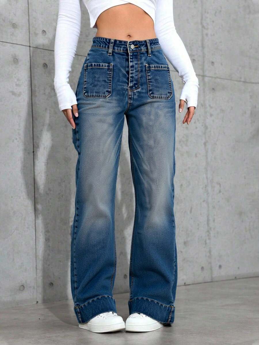 Pantalones Vaqueros Anchos de Mujer de Cintura Alta con Bolsillos Vintage, Estilosos y Versátiles - Zhonglan - Ver 1