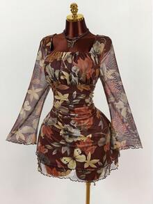 Amplova Vestido de manga acampanada con estampado vintage de flores, mariposas y hojas para tallas grandes - Marrón - Ver 3