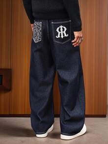 Manfinity Hypemode Letter Print Pocket Loose Wide Leg Casual Jeans Street Hang Out Going Out College - Dark Wash - View 7