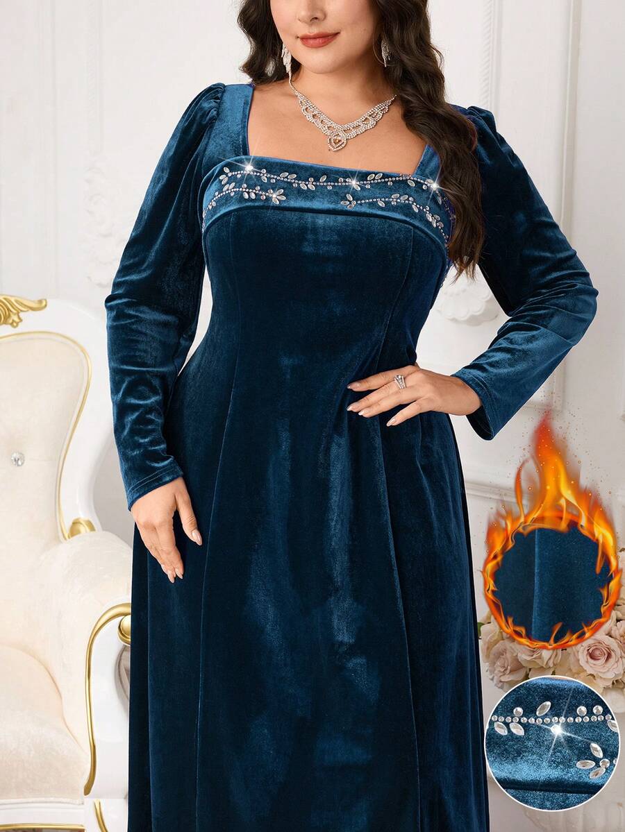 Modelyn 大码女式花卉水钻装饰方领长袖优雅连衣裙 - 藍色 - 查看 1