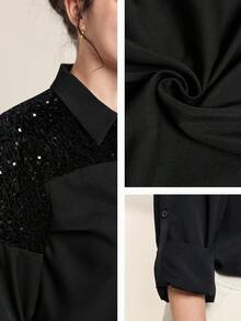 Momelise Kemeja Fashion Wanita Ukuran Besar dengan Hiasan Payet, Patchwork, dan Ruffle di Manset, Kancing Tunggal - Hitam - View 8