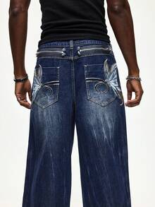 ROMWE MEN Street Life Men's Casual Washed Butterfly Embroidered Denim Jeans - Blue - View 1