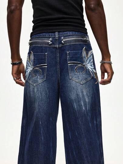 Street Life Jeans casual da uomo in denim lavato con ricamo a farfalla
