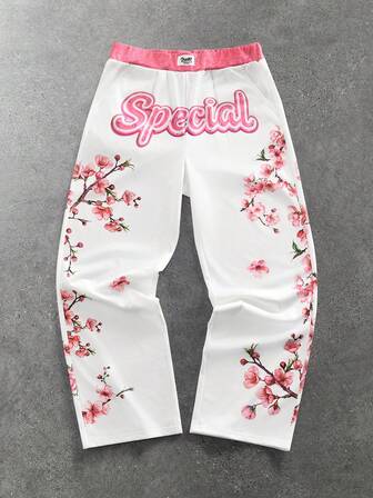 Pantaloni della tuta casual da uomo con stampa di lettere e fiori, vestibilità ampia e gamba larga