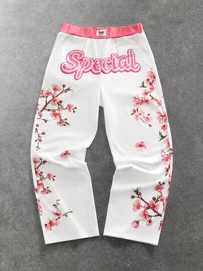Pantaloni della tuta casual da uomo con stampa di lettere e fiori, vestibilità ampia e gamba larga