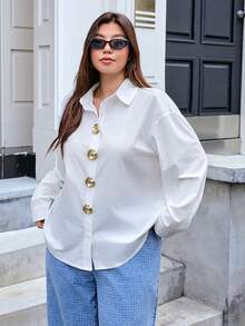 SHEIN EZwear Plus Size Women's Metal Button White Shirt,Elegant Office Versatile Autumn Top For Work,Dates,Party,Wedding,Casual ,Christmas & New Year - White - View 3