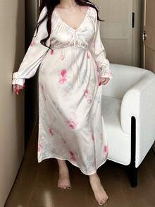 Dazy Plus Plus Size Elegant Floral V-Neck Contrast Lace Cinched Waist Maxi Dress With Flare Sleeves, Sleepwear - Apricot - View 1