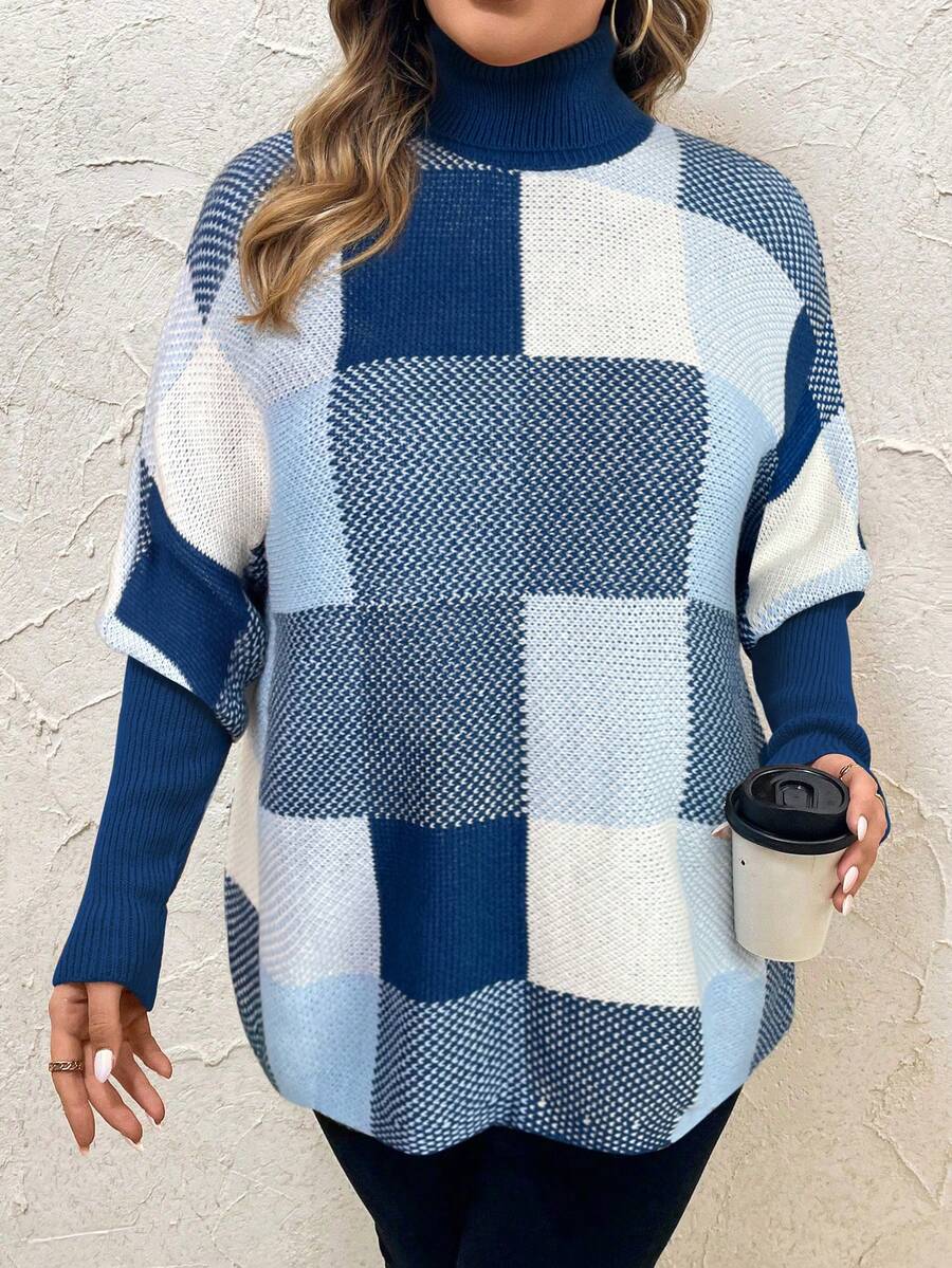 EMERY ROSE Plus Size Loose Fit Turtleneck Sweater With Checkered Pattern,Turtleneck Sweater,Winter Women Dress,Fall Clothes Curve,Going Out Tops,Country Tops,Basic Top,Classy ,Fall Sweaters - Multicolor - View 1