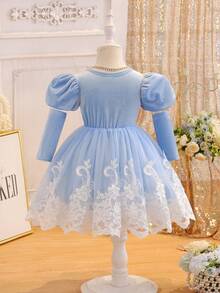 Glamorique Kids Baby Girl Elegant Blue White Summer Birthday Princess Dress Charming Velvet Puff Short Sleeve Double-Layer Mesh Embroidered Floral Trim Snug Fit - Blue - View 2
