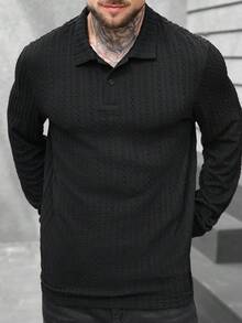 Manfinity CasualCool قميص بولو كاجوال بأكمام طويلة ذو لون أحادي، مناسب للعمل والتنقل - الأسود - مشاهدة 5