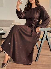 Vionelle Đầm Maxi Tay dài dáng chữ A, cổ tròn, eo nhún, dây rút, eo đàn hồi, dáng rộng, phong cách Pháp lãng mạn, Sicily, thanh lịch, thường ngày, đi làm, nghỉ dưỡng, tiệc trà chiều, Giáng sinh, sang trọng - màu nâu - Xem 6