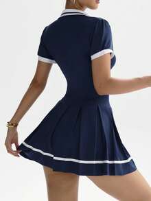 Dewbera 女式撞色绑带V领短袖褶边瑜伽运动连衣裙（含紧身裤） - 藏蓝色 - 查看 8