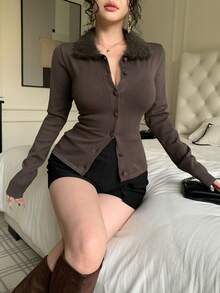 DAZY Áo khoác cardigan cổ tua rua thanh lịch dành cho nữ, Thu/Đông - Cà phê nâu - Xem 4