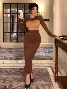 DAZY Vestido de suéter de punto con bloque de color y lentejuelas elegante para mujer, otoño/invierno - Marrón - Ver 9