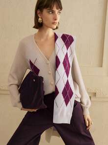 EMERY ROSE 女士宽松开衫，菱形图案设计，采用抓绒面料，休闲日常穿着 - 彩色 - 查看 6