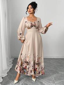 Modelyn Plus Size Elegant Floral Print Dress - Apricot - View 4