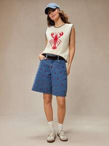 WESTFADE Lobster Embroidered Mid Rise Loose Fit Wide Leg Denim Shorts - Medium Wash - View 3
