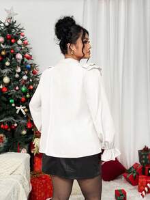 Elenzga 大码女式轻盈法式优雅针织长袖红色荷叶边系带衬衫 - 白色 - 查看 2