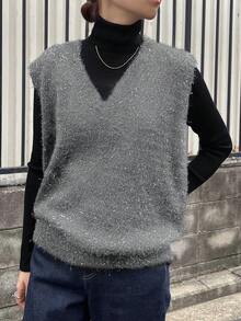 FRIFUL 女士纯色V领休闲百搭针织背心，秋冬季 - 深灰色 - 查看 3