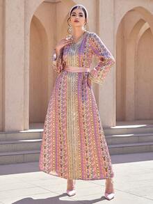 Al Najma Women's Elegant V-Neck Long Sleeve Cashew Pattern Arabic Style Dress Modest Dress Maxi Long Sleeve Dress Formal Elegant Party Uxury Evening Dresses Wedding Party Dress - Multicolor - View 3