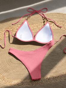 Swim Mod Solid Color Textured Bikini Set, Vacation & Beach - Pink - View 3