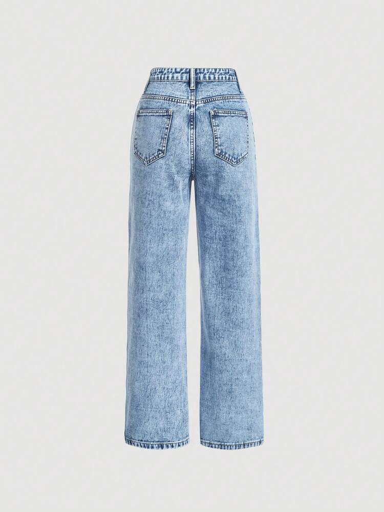SHEIN Girlism Jeans de mezclilla con bolsillo y botones frontales desgastados para adolescentes - Lavado ligero - Añade 2