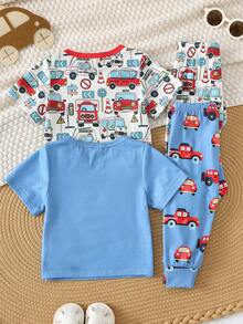 SHEIN 4件套男女通用婴儿服装，可爱休闲卡通印花长袖T恤和松紧腰长裤4件套 - 彩色 - 查看 2