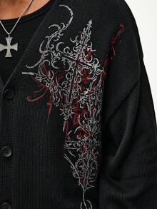 ROMWE MEN Goth Men's Loose Fit Cross Jacquard Drop Shoulder Long Sleeve Casual Knit Cardigan - Black - View 2