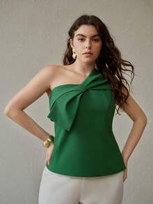 MOTF PREMIUM 大码女式绿色单肩大蝴蝶结修身上衣，春夏款 - 綠色 - 查看 4