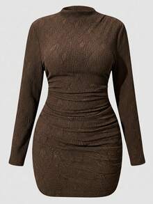 Auralis Plus Size Chocolate Brown Autumn Elegant Night Out Club Long Sleeve Mini Dress,Ruched Textured High Stretch Slim Fit Bodycon Commuter Formal Dinner - Brown - View 5