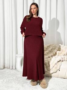 Auralis 大码女式罗纹长袖T恤和中长裙休闲两件套