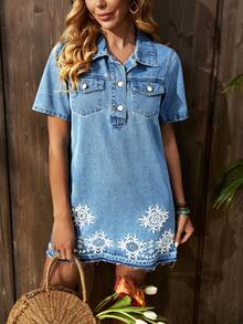 SHEIN LUNE Women's Floral Embroidery Button Half-Placket Short Sleeve Casual Denim Dress - Medium Wash - View 1