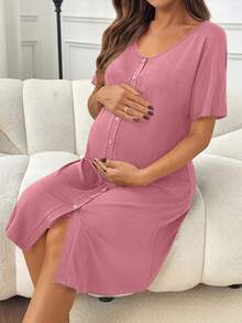 SHEIN 纯色舒适前开襟短袖产妇服 - 紅色 - 查看 5