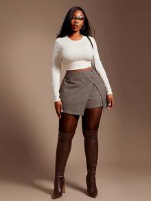 Radiana Plus Size Women's Vintage Unique Brown Houndstooth Woolen Fabric High Waist Shorts/Mini Skirt,Skort, Maillard Color, Business Casual Bottoms Suitable For Leisure, Commute, Office, Party, Autumn/Winter Brown Shorts Women Leather Shorts Women,Spring To Summer, - Brown - View 10